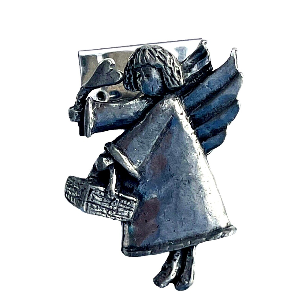 Pewter Angel Holding Heart‎ Wand And Basket Brooch Pin 1996 Barker USA-Made 1.5"